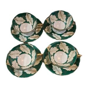 Vtg Ucagco China - Hand Painted Leaf Pedestal Teacup And Saucer‎ x 4 Grn/Gold